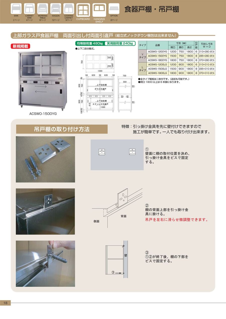 ハイクオリティ 東製作所 アズマ 業務用ステンレス吊戸棚 AS-1500G-450 1500×350×450 