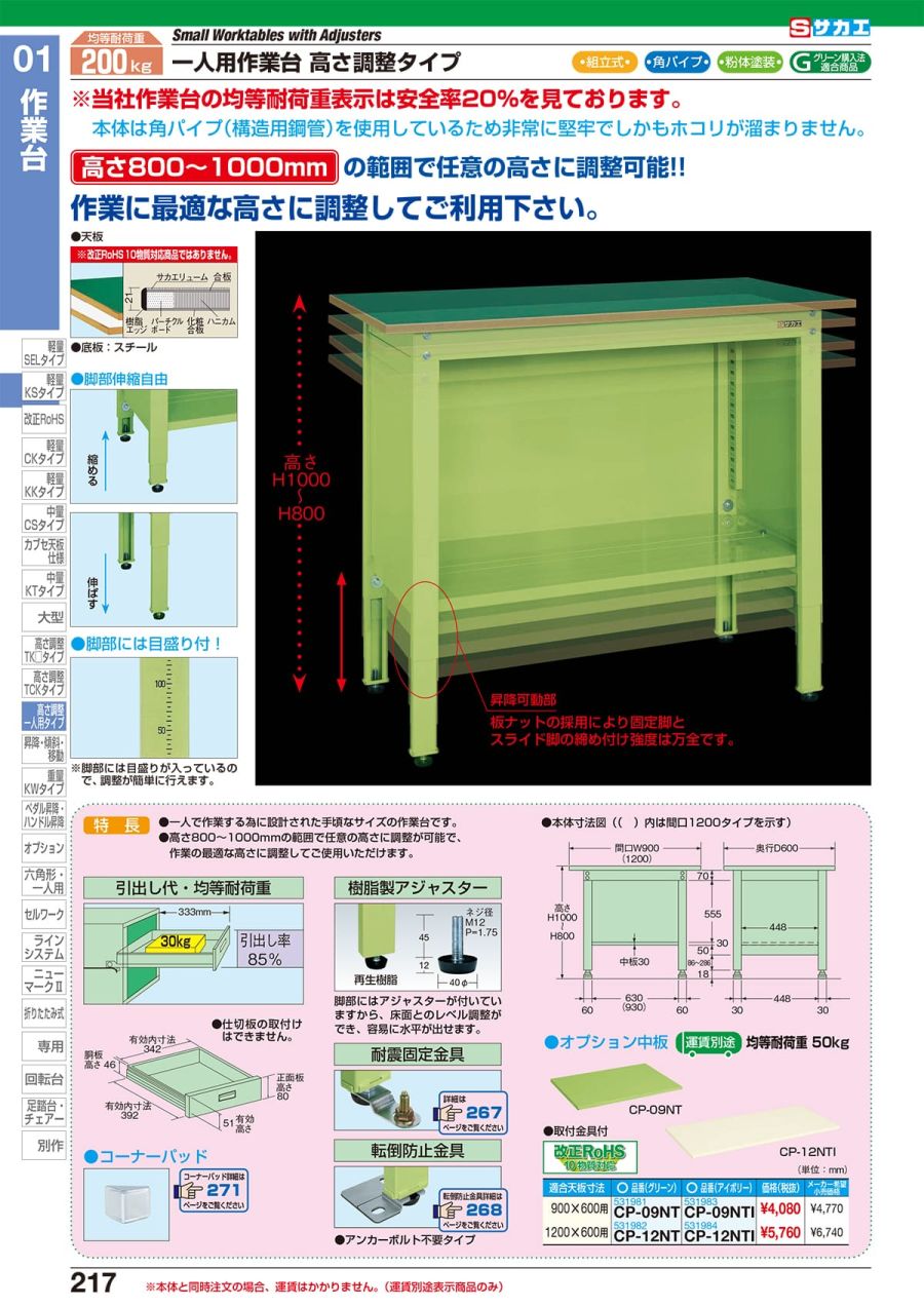 直送品】 サカエ 一人用作業台ＣＰタイプ（キャビネット付） CP-126A