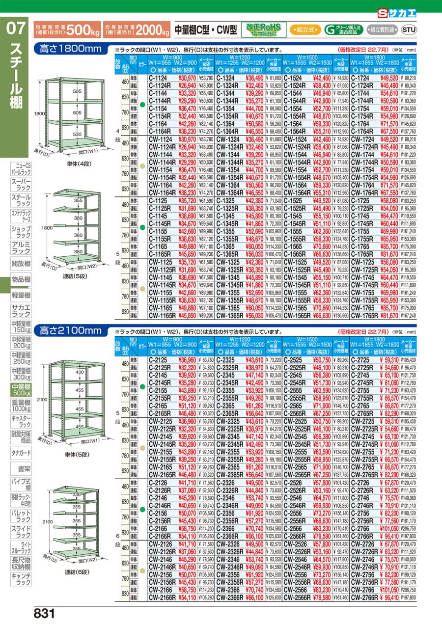 54%OFF!】 DIY FACTORY ONLINE SHOPサカエ 中量棚B型 500kg 段 単体 高さ2100mm 5段タイプ B-2725 