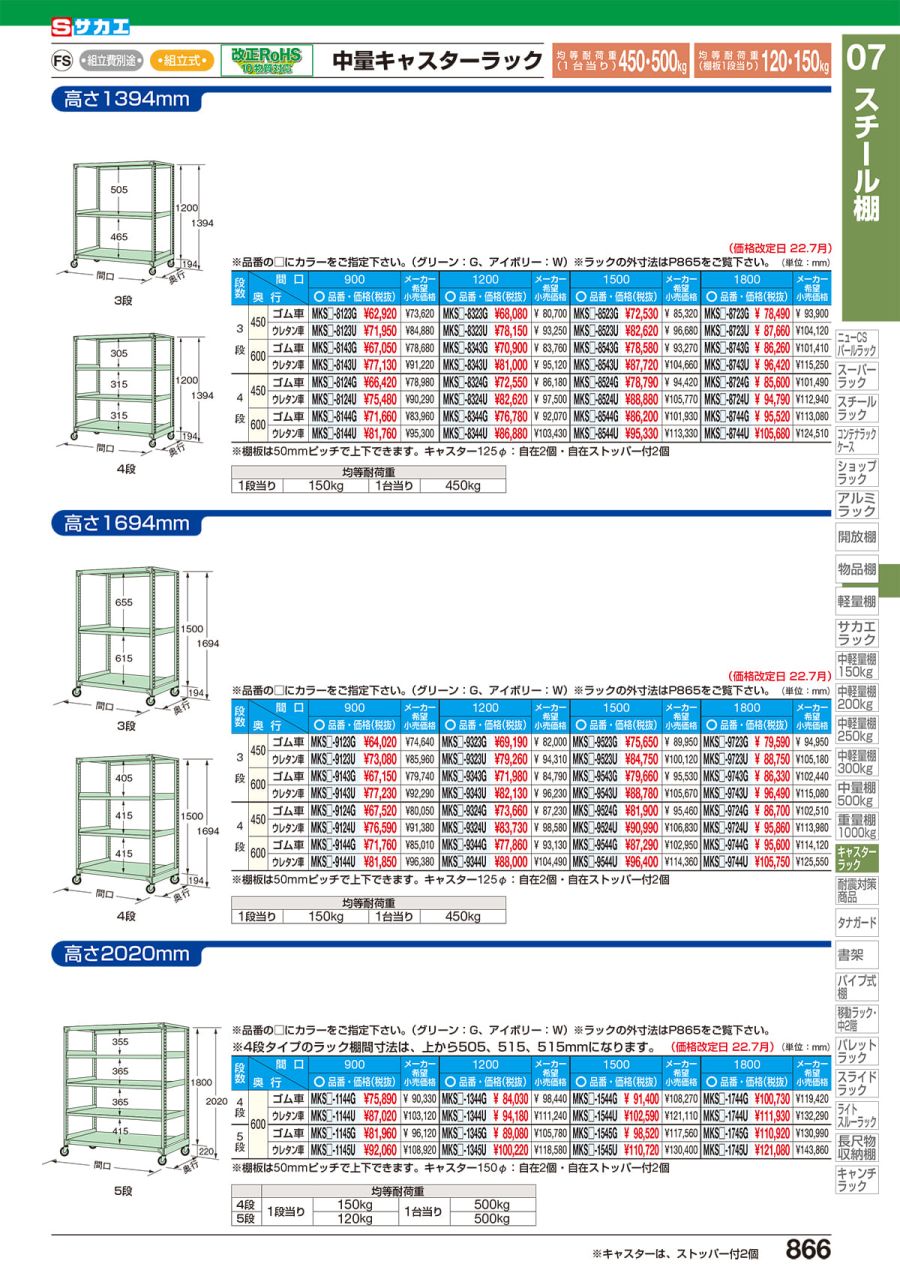 限定価格セール！】 工具屋 まいど 運賃見積り 直送品 サカエ SAKAE 中量キャスターラック MK-8743G