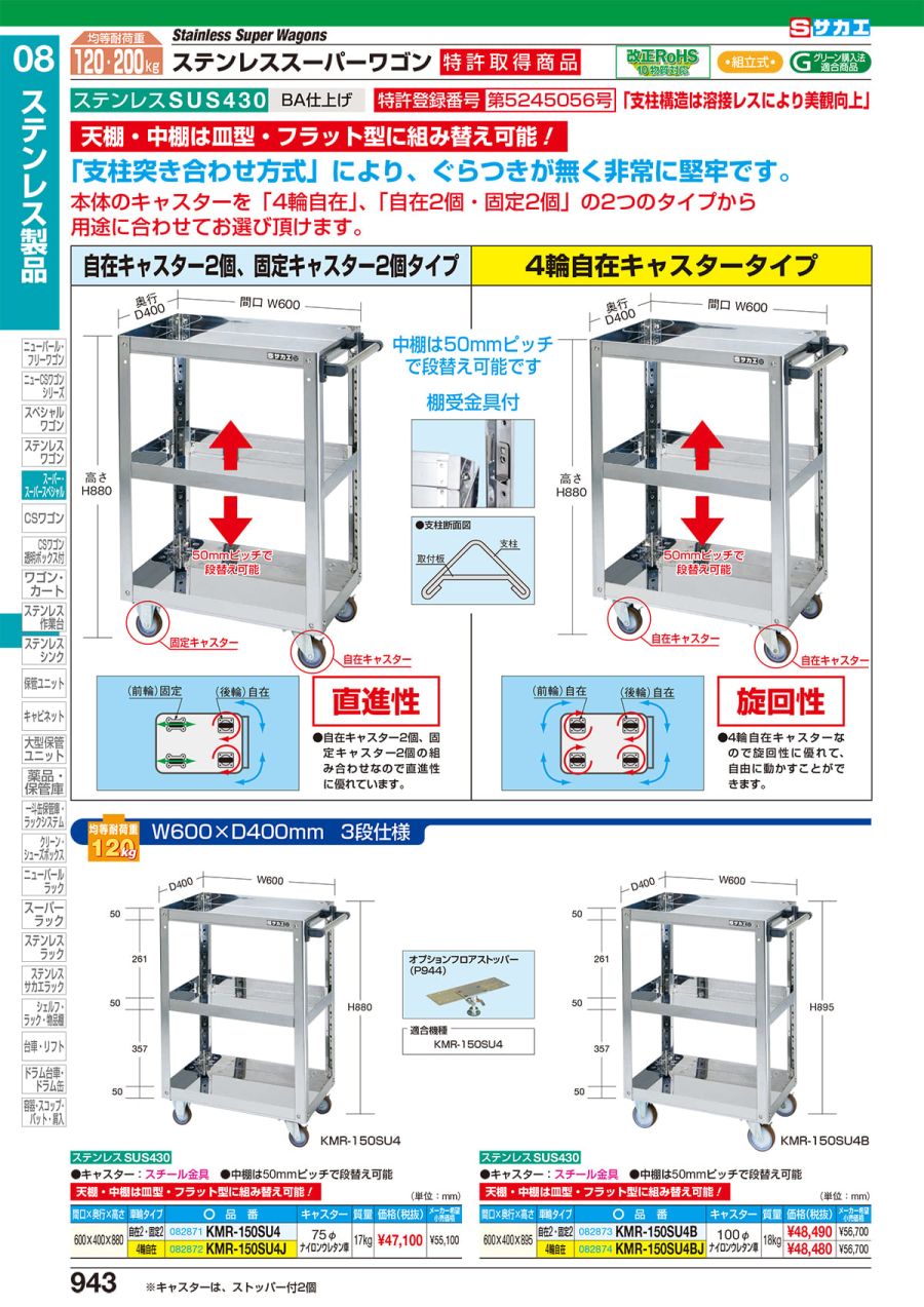 法人様限定 サカエ 工場設備・物流機器 ステンレス製品 ステンレススーパーワゴン（ナイロンウレタン車・自在4） KR-200LSU4J 通販 