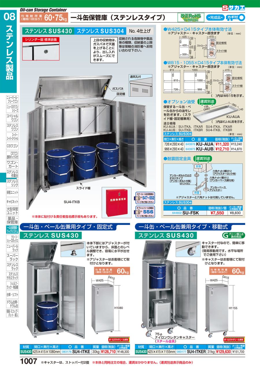 休日 サカエ ステンレス上扉開放保管庫 移動式 SU-UKNBR