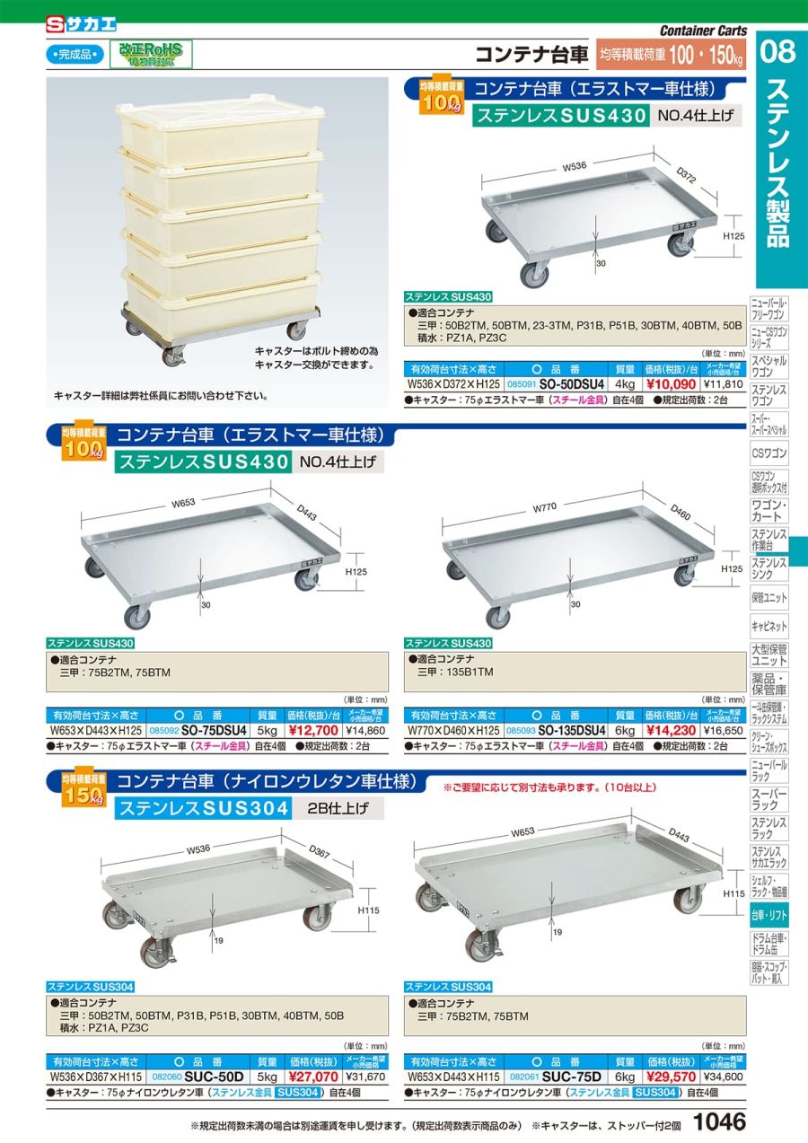 サカエ ステンレスコンテナ台車（ＳＵＳ４３０・エラストマー車） SO-75DSU4 (085092) 通販