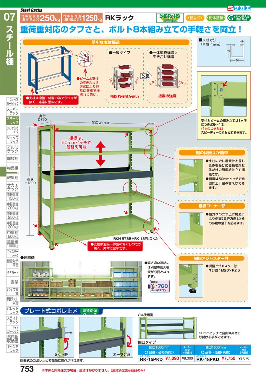 新品本物 サカエ SAKAE ＲＫラック 連結 均等耐荷重