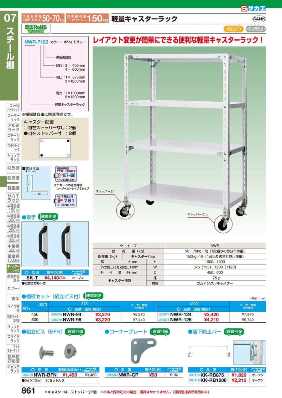 初回限定】 サカエ 中軽量キャスターラック NSR-8123WGJ