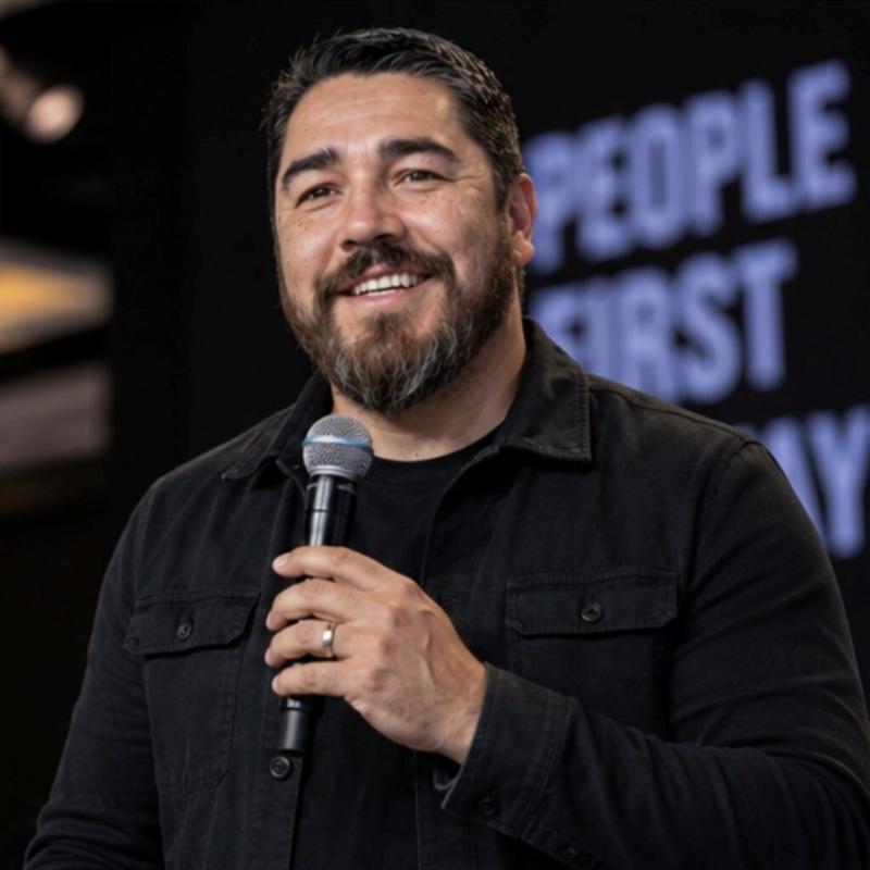 Juan Longoria, in a black jacket, smiles while holding a microphone on stage, with the words People First lit behind him
