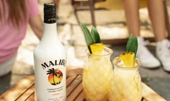 Bouteille de Malibu et 2 cocktails sur table de jardin