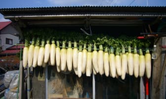 Vente de radis blanc sur un marché chinois.