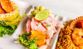 Ceviche, causa de papa et riz aux fruits de mer