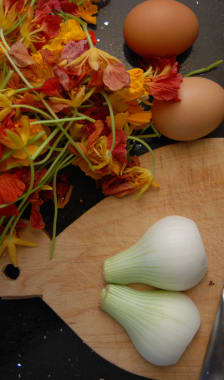 Préparation d'une omelette de fleurs
