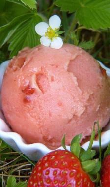 Glace à la fraise dans une coupelle et fraises entières