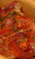 Côte de porc rôtie et jambon de Bayonne.