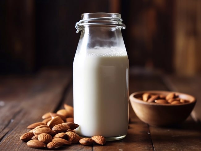 Amandes et bouteille de lait d'amande