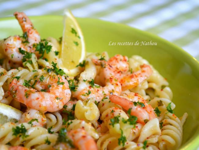 Spirelli aux scampis marinés au citron, à l'ail et piment d'Espelette