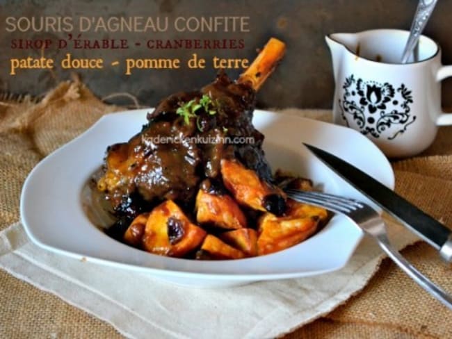 Souris d'agneau confite au sirop d'érable, canneberges et patates douces