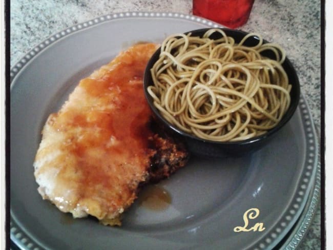 tonkatsu et soba au thé vert sauce teriyaki