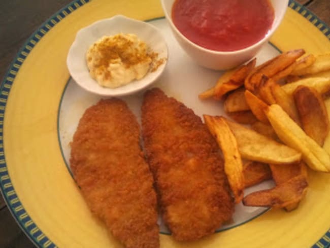 Fish and chips épicé, sauce curry et tomates