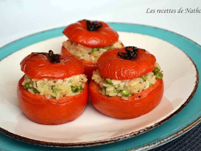 Tomates farcies au risotto, mascarpone, parmesan et petits pois