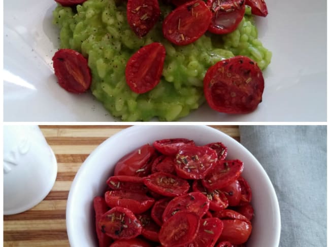 Risotto aux petits-pois, tomates confites