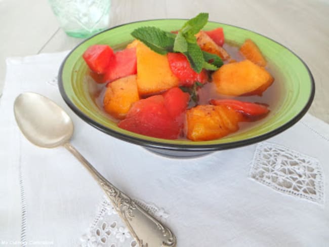 Salade tiède de melon et pastèque, 4 épices et miel cuite en papillote