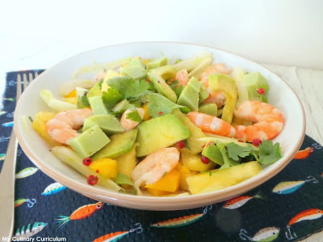 Salade de crevettes, avocats, ananas, mangue, fenouil et gouda au wasabi