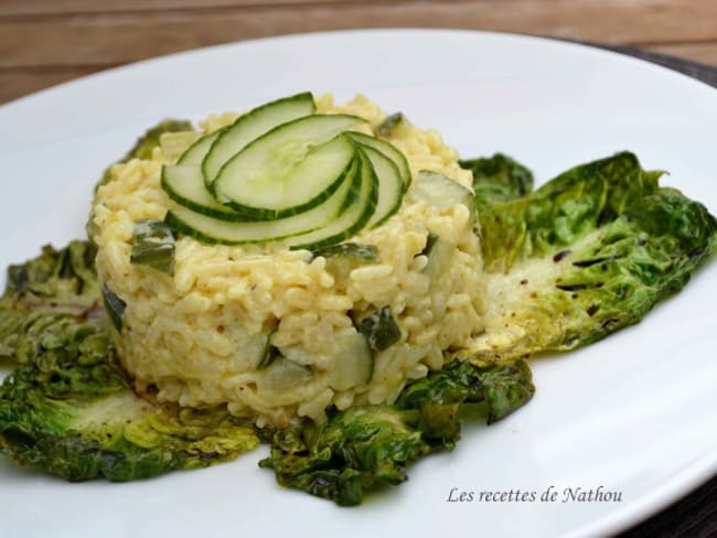 Risotto aux courgettes et au curry, sucrines braisées au balsamique