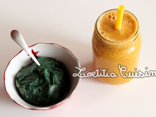 Petit jus de carotte, betterave jaune et pêche blanche avec glace banane, maca et spiruline