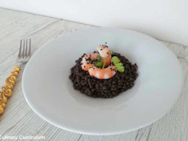 Salade de lentilles Beluga aux crevettes marinées