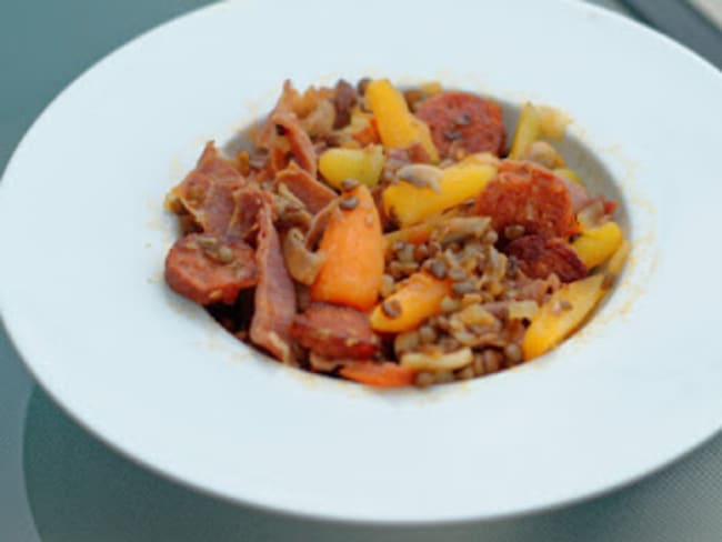 Lentilles au chorizo, carottes,champignons et tomates