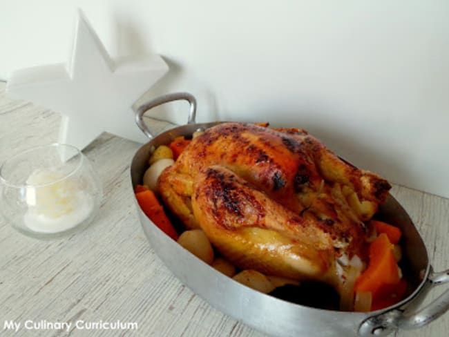 Poularde Label Rouge au miel et épices farcie au foie gras et ses légumes d'hiver