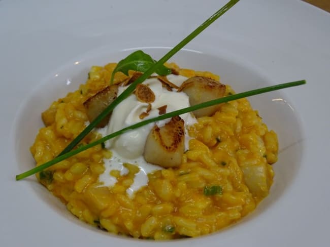 Risotto crémeux de potiron et fromage "l'Ortolan" et son nuage à la noisette, noix de st jacques snackées