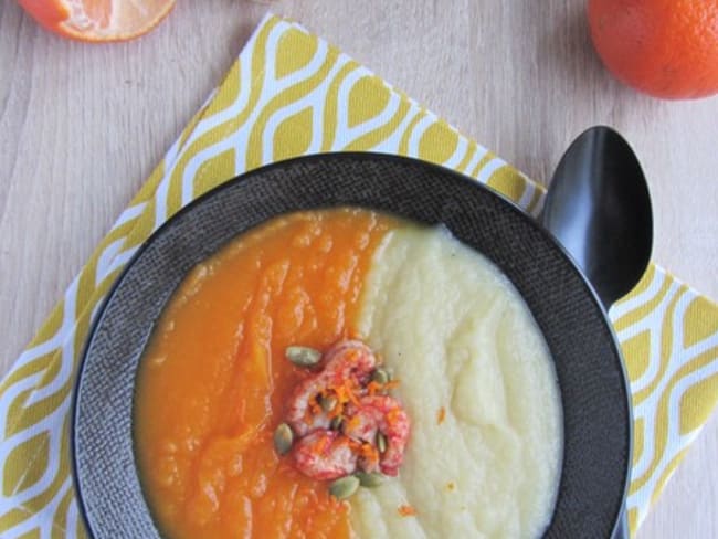 Velouté bicolore butternut, panais et écrevisses marinées à la clémentines