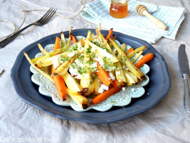 Légumes racines rôtis au four à la féta et au miel (carottes et panais)