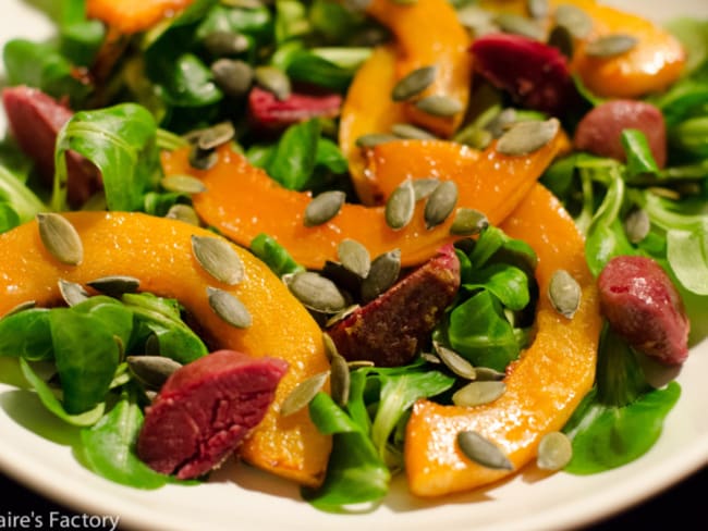 Butternut rôtie, mâche, gésiers de canard et graines de courges