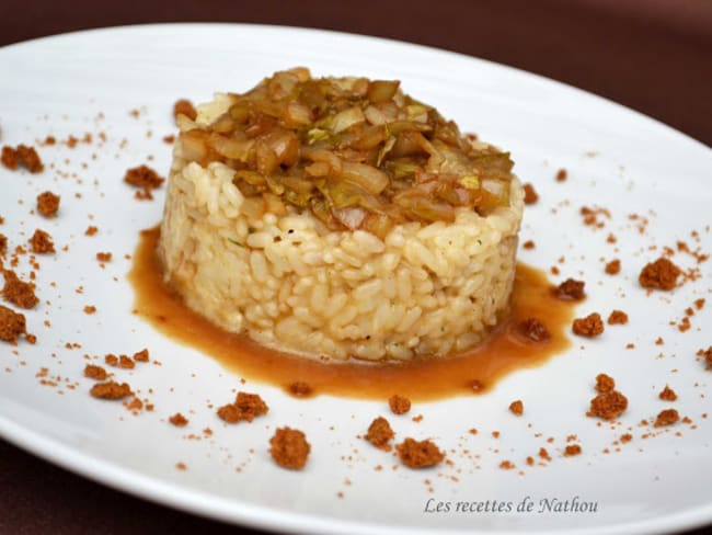 Risotto au fromage de Herve, chicons caramélisés au sirop de Liège et miettes de spéculoos