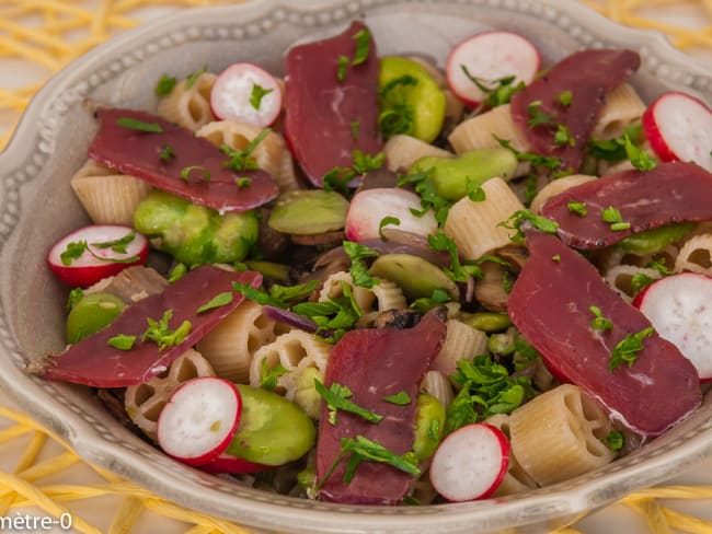 Salade de pâtes aux fèves, champignons et magret