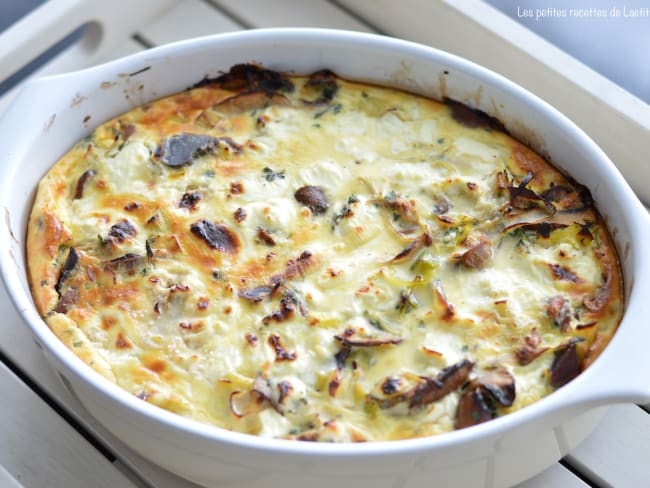 Flan de poireaux, champignons et chèvre aux gésiers de canard confits