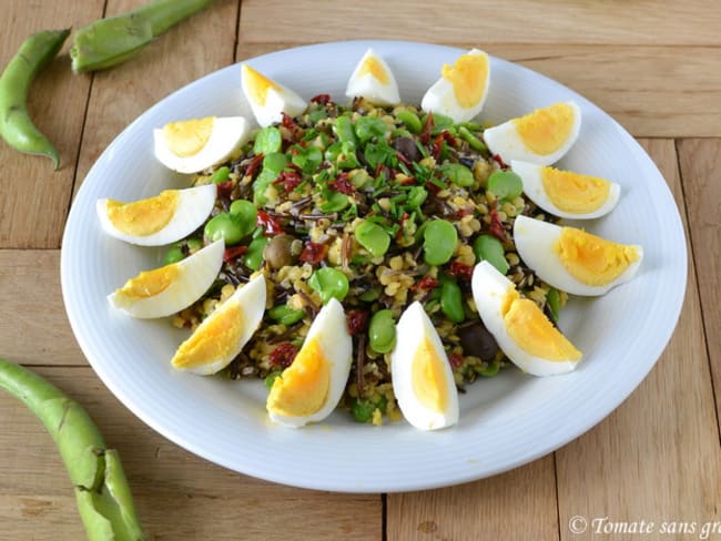 Salade de riz sauvage, lentilles corail et fèves