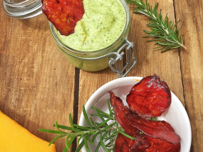 Tartinade de courgette à la menthe et ses chips de chorizo