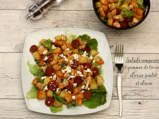 Salade de pommes de terre rôties, chorizo, poulet et chèvre