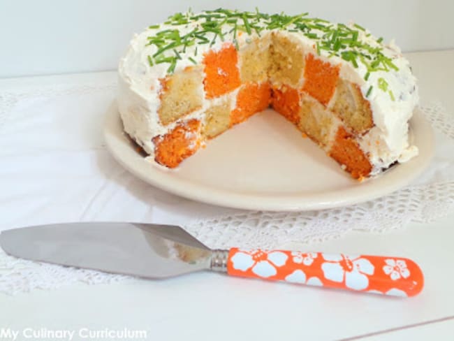 Gâteau damier salé aux poivrons et au chèvre