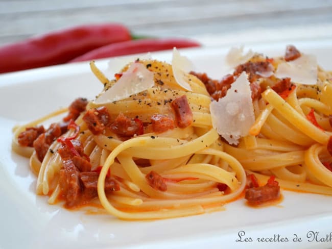 Linguine au chorizo et piment rouge