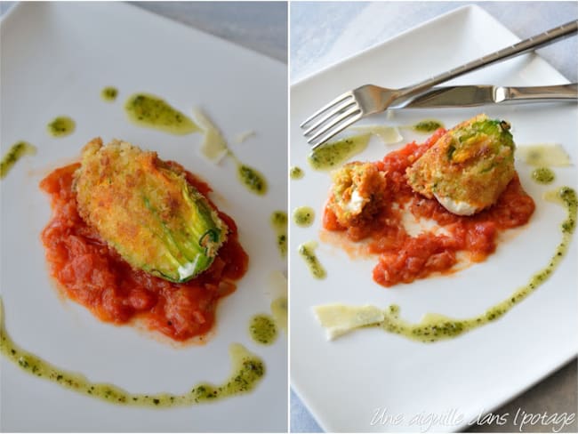 Fleur de courgette panée au panko sur fondue de tomates et sauce basilic