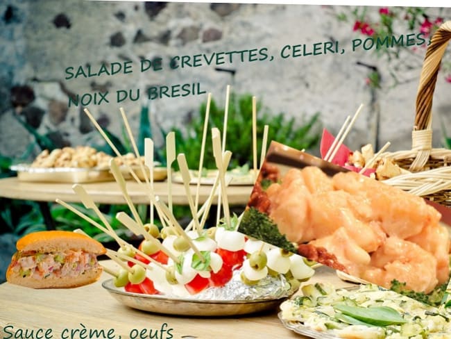 Salade de crevettes aux pommes, céleri, oeufs et noix du Brésil