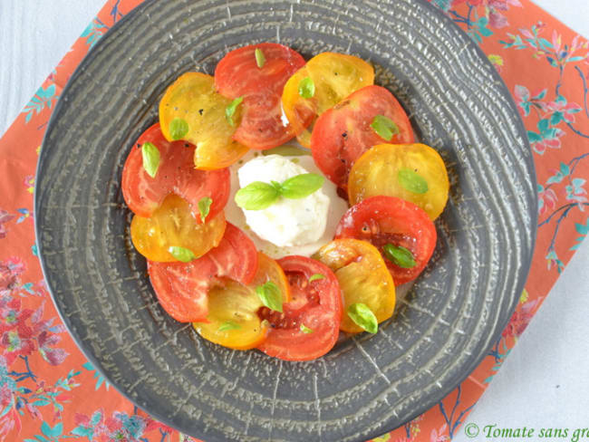 Carpaccio de tomates et sa glace mozzarella-basilic