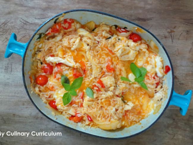 Poêlée de poulet aux tomates cerises, riz, mozzarella et piment d'Espelette