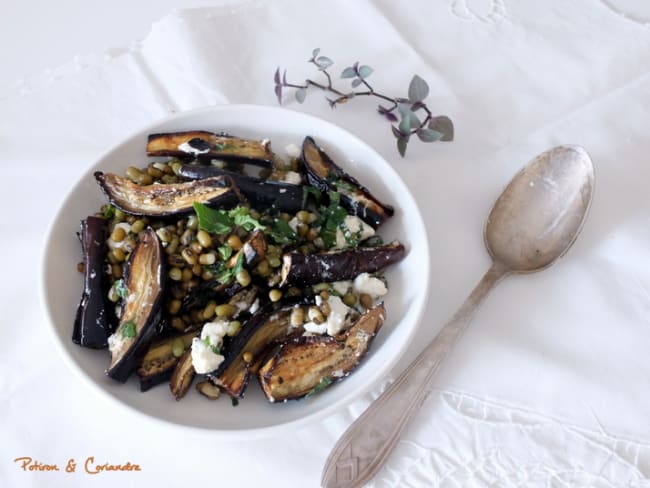 Aubergines grillées, haricots mungo et feta