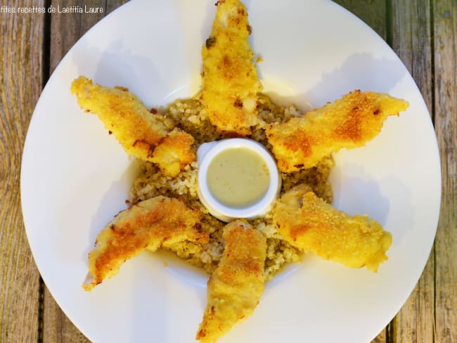 Aiguillettes de poulet panées sauce au gorgonzola et quinoa