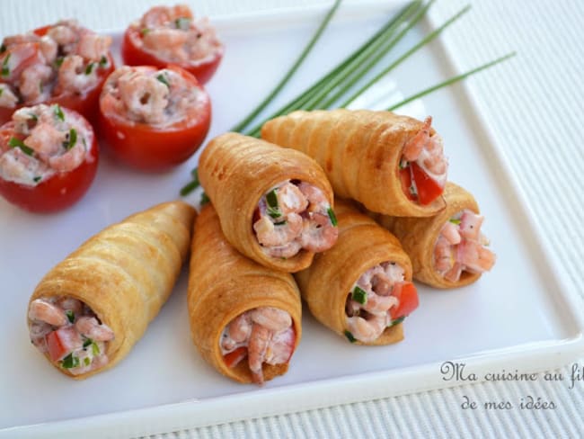 Cornets feuilletés aux tomates et crevettes grises