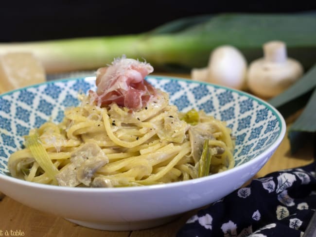 Spaghetti à la boscaiola pancetta et poireau